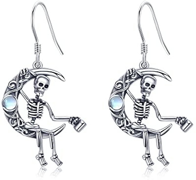 Skelett-Totenkopf-Ohrringe, baumelnde Sterlingsilber-Mondstein-Gothic-Ohrringe, Weihnachtsschmuck für Frauen