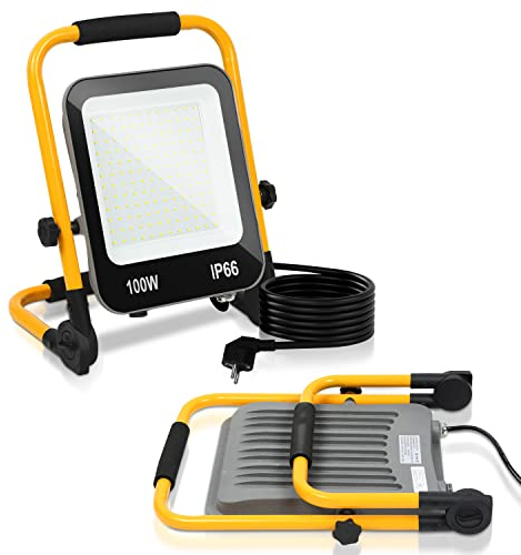 Joparri 100W LED proyector de construcción, 2x luz de trabajo, 10000LM LED reflector con 3M cable y enchufe, IP66 proyector de construcción para interior y exterior obras garaje taller, blanco frío