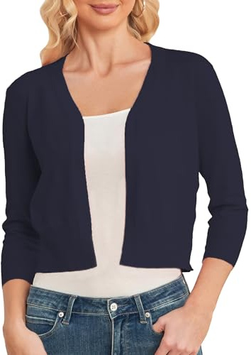CUNYI Bolero Cardigan Donna Corto Manica 3/4 Coprispalle Frontale Aperto Elegante Scollo en V Maglione Leggero, Blu Navy S