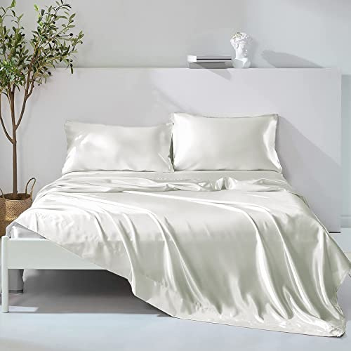 Wotcsil Juego de Sabanas de Cama 135 Raso Satín Marfil con Sábana Bajera Ajustable Satín 135x190cm Sábana Encimera Funda de Almohada de Satén Poliéster 4 Piezas para Colchón de hasta 36cm