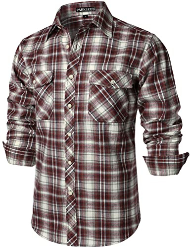 PARKLEES Herren Freizeithemden Regular Fit Button Down Check Kariert Flanellhemden mit Taschen