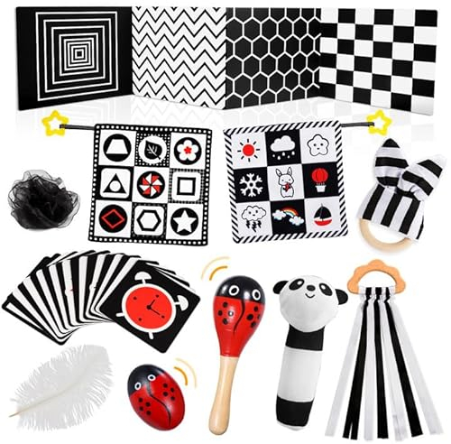 HappyKidsClub Baby Spielzeug 0-12 Monate, Kontrastbuch Schwarz Weiß, Kontrastkarten, Sensorik Kontrast, Geschenk für Junge Mädchen, Montessori Kinderwagenkette