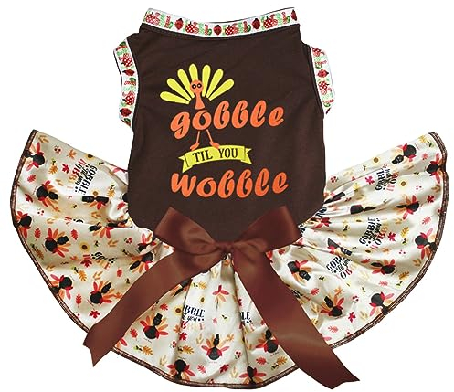 Petitebelle Turkey Gobble Til You Wobble Puppy Dog Dress (Brown/Gobble Turkeys, X-Large)