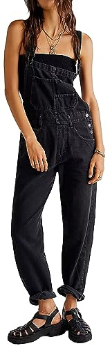 FeMereina Denim Overalls for Women Loose Fit Classic Bib Casual Jean Stretchy Denim Overall Jumpsuit Tapered Leg Jean Pants (Balck, XL)
