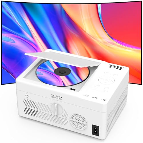 TMY Bluetooth Projector with DVD Player Built in, 1080P Mini Projector, Portable DVD Projector for Outdoor Movies, Compatible with Smartphone/PC/TV Stick/HDMI/USB/TF (white)