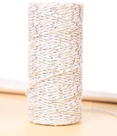 50m Weiß Silber Bindfäden, 1.5mm Bäcker Bindfäden Baumwolle Handwerk Bindfäden Bastelschnur Dekokordel Schnur Baumwollschnur Perfekt für DIY Handwerk, Geschenke Verpacken, Weihnachts Dekoration