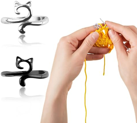 Moosono Häkelring, Verstellbare Strickschlaufe, 2 Stück Geflochtener Ring, Katze Kitty Ohren Garnführung, für Häkeln, Basteln, Handgefertigt, Dekoration