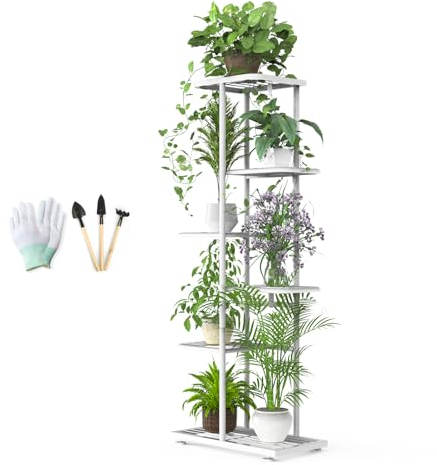 MAIJIAJU - Scaffale per fiori a 6 ripiani, bianco, con attrezzi da giardino e guanti, 108 cm di altezza, scaffale per piante in metallo per interni ed esterni, scaffale multipiano, piantana per piante