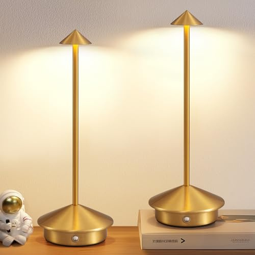 NEWSEE Modern Cordless Table Lamp Set of 2, Portable LED Desk Lamps, 5000mAh Rechargeable Battery Operated Lighting for Bedroom Dining Room Restaurant Coffee Shop Camping Night Light (Gold)