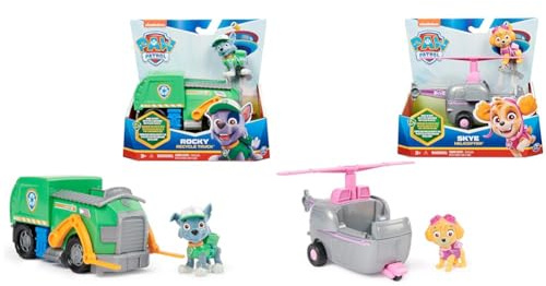 PAW PATROL, Recycling-Truck mit Rocky-Figur & Helikopter mit Skye-Figur (Sustainable Basic Vehicle/Basis Fahrzeug), Spielzeug für Kinder ab 3 Jahren