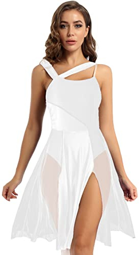 LiiYii Damen Lyrisch Tanzkleid Ärmellose Ballettkleid Eiskunstlauf Kleid mit Tüll Rock Ballerina Kleid Latein Tanzkleid Modern Dance Tanzkleidung Weiß M