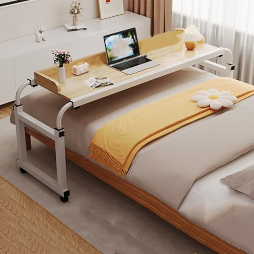 Betttisch auf Rollen Höhenverstellbar Laptop Tisch für Bett, Überbetttisch Dehnbar 120-210cm Steharbeitsplatz Längenverstellbarer für Wohnzimmer Schlafzimmer(Yellow,140 * 45cm)
