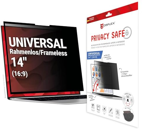Displex Blickschutzfilter für Laptop 14 (16:9), ablösbar, ohne Klebstoff | DISPLEX PrivacySafe, für randlose Laptops, 2-Wege-Blickschutz, Air Adsorption, glänzend, Bluelight-Filter, Filz-Schutzhülle