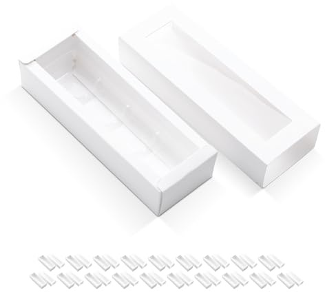 PKGMAGIC 20 Trüffelboxen, Verpackung von Schokoladenboxen, weiße Bonbonboxen mit Kunststofftablett, 4-teilig, Verpackung mit durchsichtigen Fenstern, weiß