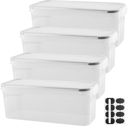 SINJEUN 4 Pack 2.3 L Clear Pasta Storage Containers with Lid, Spaghetti Storage Box Rectangle Dry Food Storage Jar for Rice, Grain, Cereals, Nuts, Beans, Pasta