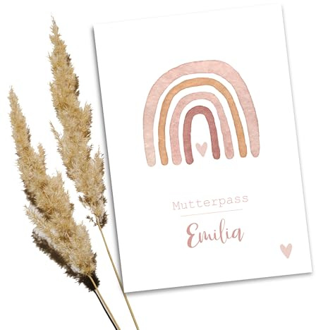 Minilino premium Mutterpasshülle personalisiert - Geschenk zur geburt/Schwangerschaft (3-teilige personalisierte Mutterpasshülle, Regenbogen retro rosa)