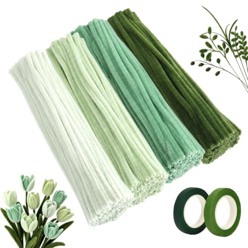 Pfeifenreiniger Blumen Grün Set, 200 Stück Pfeifenputzer zum Basteln, 30cm Chenilledraht, Pipe Cleaner für DIY Handwerk Dekorationen