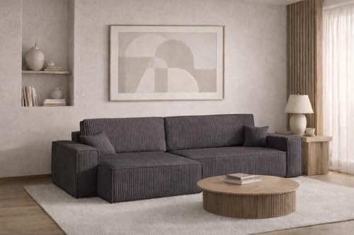 Kaiser Möbel - Ecksofa mit Schlaffunktion und Bettkasten, Schlafsofa mit Bettzeugbehälter, Wohnlandschaft L-Form, Klappsofa, Cord Stoff, Bequemes Couch für Wohnzimmer, Best XL, Dunkelgrau, Links