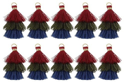 QUARKZMAN 10 Stück Winzige Dreischichtige Quasten 1,6 Mini Taschenanhänger Böhmische Handgefertigte Quasten Schlüsselanhänger für DIY Projekte Schmuckherstellung (Rot/Dunkelgrün/Blau)