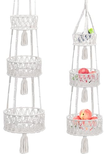 YANGUN 3 Stöckiger Obstkorb Hängend, hängender obstkorb boho, Obst Hängekorb, obstkorb wand hängend, Wandkörbe Hängende Obstkörbe Für Küche Wohnzimmer Badezimmer Schlafzimmer, 110 cm (Weiß)