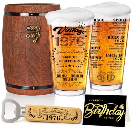 Joybble Cadeaux pour homme, cadeau d'anniversaire pour homme avec cartes d'anniversaire, verre à bière 1975 dans une boîte vintage, 473,6 g, cadeau personnalisé pour papa, mari de 50 ans