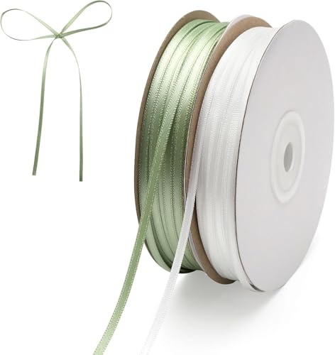 UOCAI 91 m Schleifenband Grün und Satinband Weiß, 2 Stück 3 mm Geschenkband zum Basteln, Doppelseitig Dekoband Bänder Satin Altgrün