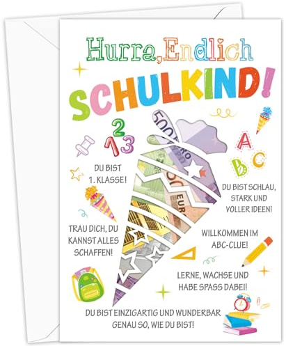 HOWAF Zuckertüte Geldgeschenk Einschulung mit Umschlägen, Karte Schulkind Karte Schulanfang Geldgeschenk Verpackung für Schultüte Füllung, Glückwunschkarte Einschulung Geschenk Junge Mädchen, A
