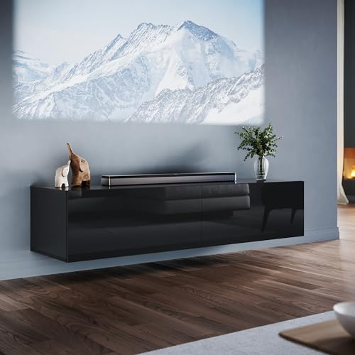 ELEGANT Floating TV Stand Cabinet Unit with Pull-Down Door, 140x40x30cm | High Gloss Black TV Cabinet with Large Storage Shelves, Modern Wall Mounted TV Cabinets for Living Room, Bedroom