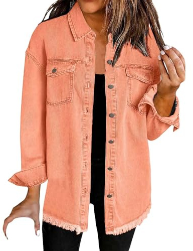 Veste chemise en jean délavé pour femme – Surchemise tendance décontractée, légère et polyvalente pour les tenues quotidiennes, Orange, XXL
