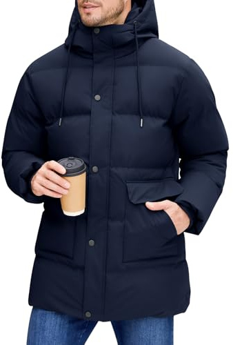 Xnova Abrigo Largo de Invierno para Hombre, Chaqueta Acolchada con Capucha Térmica Resistente Cálido Casual Parka Cazadora Prueba de Viento con Bolsillos (Azul 02, XL)