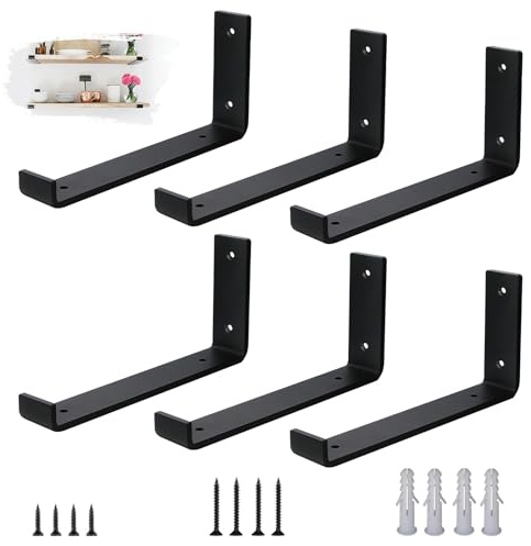 VTOPVMAX Regalhalterungen Schwerlastwinkel 6 Stück - 5 mm Starke Stahl Metall Regalträger mit Lippen, Industrielle Rustikale Schwarz Wand Regal Halterungen Kit 25 cm