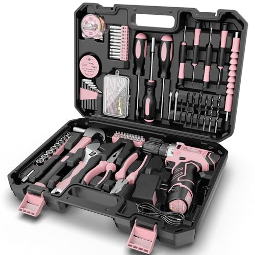 Sundpey Caisse a Outil 206 Pcs, Visseuse Devisseuse Sans Fil 12V pour Serrer/Desserrer des vis, Malette Outils avec Perceuse-Visseuse pour Bureau, Réparation à Domicile avec Tournevis et Pinces Rose