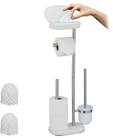 Juego de baño Relaxdays, (H x B x T): 69 x 31 x 16 cm, Soporte de Papel higiénico, escobilla, portarrollos, Blanco