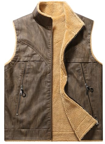 AIEOE Hommes Sherpa Gilet Cuir Doublé Veste d'Hiver Coupe-Vent Col Montant Polaire M