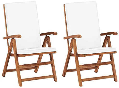 Qnhdfrt Gartenstühle 2er Set klappbar aus Teak-Hartholz 57x71,5x104 cm cremeweiße Polster verstellbare Rückenlehnen für Balkon Terrasse Camping