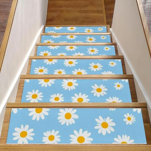 Tappetini per scale in legno, motivo margherita, 76,2 x 20,3 cm, antiscivolo, per interni, per cani, bambini, anziani, con adesivo riutilizzabile, confezione da 15