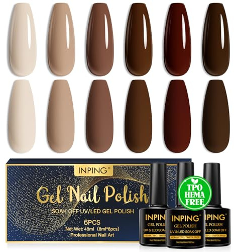 INPING Gel Nail Polish TPO-FREE Brown 6 Colors UV LED Nail Varnish 8ML | Spring Summer Winter Classic Popular Glitter Nail Varnish Kit Nail Polishes for Women DIY Manicure Gift