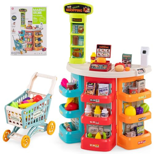 FANTASK Supermercato, Set da Gioco da supermercato, 76 Pezzi, con Carrello della Spesa, Bilancia, Scanner con Luce e Suono, Negozio Commerciale con Cibo da Gioco e Accessori per Bambini dai 3 Anni in