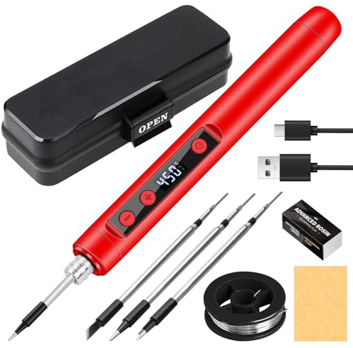 Weciau Akku Lötkolben Set, USB Lötkolben mit LCD, Temperatur Einstellbare 180 ℃-450 ℃, Keramischem Heizkern, Mini LöTkolben mit 3 Lötspitzen Lötdraht, Professionelles Sicheres Komplettes Set
