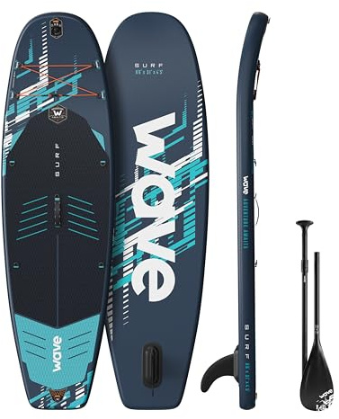 Wave Surf 3.0 8'6ft Inflatable Stand Up Paddle Board | Surf iSUP Package with Adjustable Paddle, Pump, Fin, Leash, Repair Kit & Backpack | Non-Slip Deck
