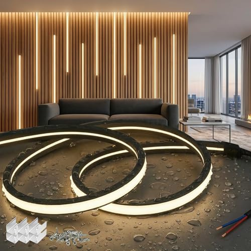 SUCIKORIO 5m Neon LED Streifen Schwarz Für Akustikpaneele, 230V Silikon Led Strip Ohne Netzteil Wasserdicht Feuerfest IP65 Naturweiss 4000K 10mm Zuschneidbar Leds Lichtband Für Außen, Wandpaneele
