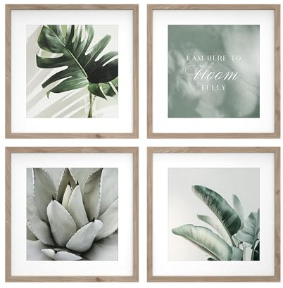 STYLER Bilder Set Bloom Fully 4x 30x30 cm (AUFHÄNGFERTIG) mit hochwertigem Holzrahmen – Botanische Ruhe für Ihr Zuhause – Grün Natur Minimalistisch Pflanzen