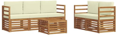 HETFTJN Juego de muebles de jardín de madera de acacia, conjunto modular de salón con mesa y tapicería, conjunto de asientos para patio y jardín, color crema