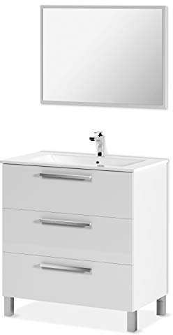 ARKITMOBEL Mueble de Baño con 3 Cajones y Espejo, Modulo Lavabo, Modelo Athena, Acabado en Blanco Brillo, Medidas: 80 cm (Ancho) x 86 cm (Alto) x 45 cm (Fondo)