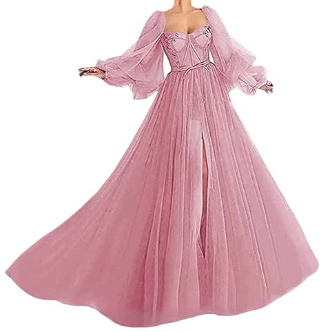 Tomwell Brautkleid Lang Damen Elegant Tüll Spitze Hochzeitskleid Lange Ärmel Prinzessin Kleider Abendkleider Elegant für Hochzeit Brautmode Einfarbig Maxikleid Rosa XL