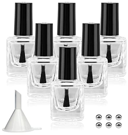 Agidea 6PCS Empty Nail Polish Bottles with Funnel, Empty Fingernail Polish Bottles Glass Rectangle with Brush & Mixing Balls Black (10ML)