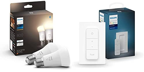 Philips Hue NEW White Smart Light Bulb 60W - 800 Lumen 2 Pack [E27 Edison Screw] with Bluetooth & Smart Wireless Dimmer Switch V2 (Installation-Free, Exclusive for Lights)