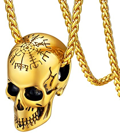 FaithHeart goldener Totenkopf Halskette Punk Gotik Vegvisir Anhänger Skull Schädel Anhänger mit Kompass für Geburtstag Vatertag
