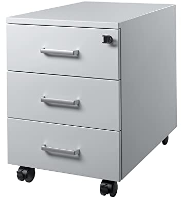 Rollcontainer mit 3 Schubladen abschließbar & vormontiert - Metall Rollcontainer für Schreibtisch und Büro - Schreibtisch Schrank, Büro Unterschrank mit Metallgriffen Schubladenschrank Lichtgrau
