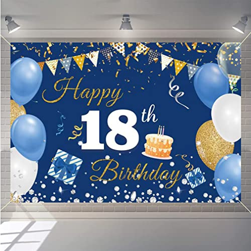 18. Geburtstag Deko Junge Mädchen, 18 Geburtstag Banner Blau Stoff Schild Plakat Hintergrund Banner Junge Geburtstagsfeier Deko
